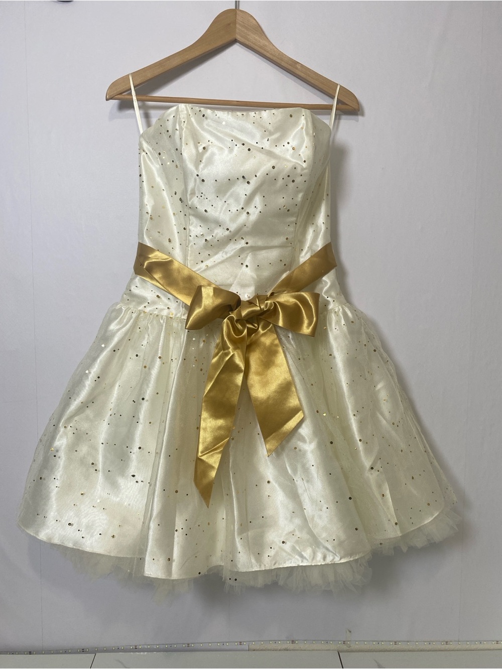 Jessica McClintock Gunne Sax USA Corset Strapless Dress Gold Polka Dot Tulle Sz9
